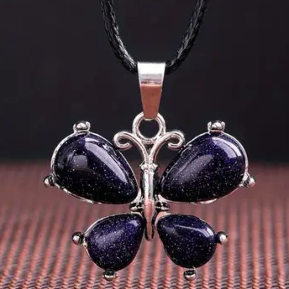 Blue Sandstone Natural Stone Cute Butterfly Pendant Necklace Gemstone Pendant - Picture 3 of 3